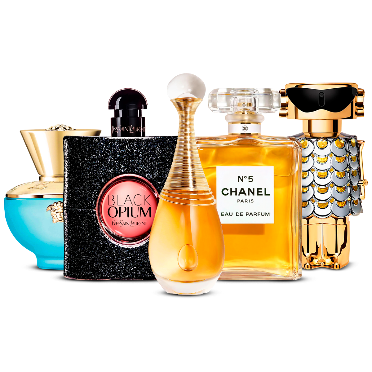 Set de 5 parfumuri – Versace Dylan Turquoise, Black Opium, J'adore, Chanel Nº5 i Fame [100 ml]