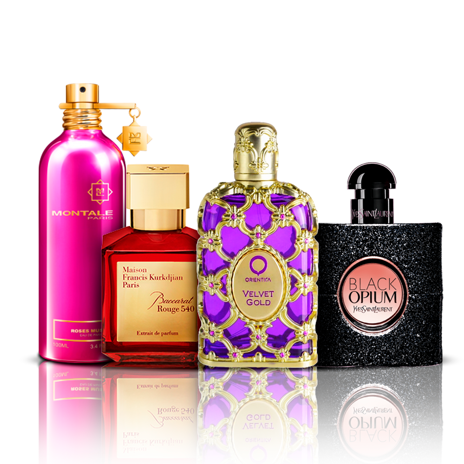 Set de 4 parfumuri | Orientica Velvet Gold + Baccarat Rouge + Black Opium + Montale Roses Musk 100 ml